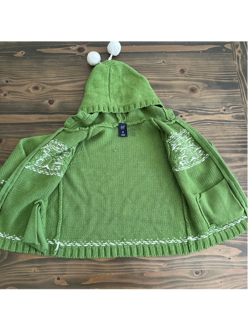 Girls Gap Kids Snowflake Sweater Hoodie XS 4 Green White Zip Up Pom Poms